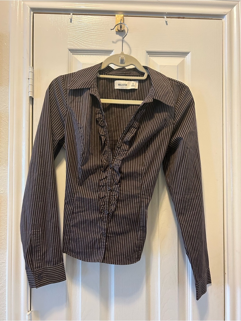 Hollister Brown and White Pinstripe Ruffle-Front Button Down Shirt